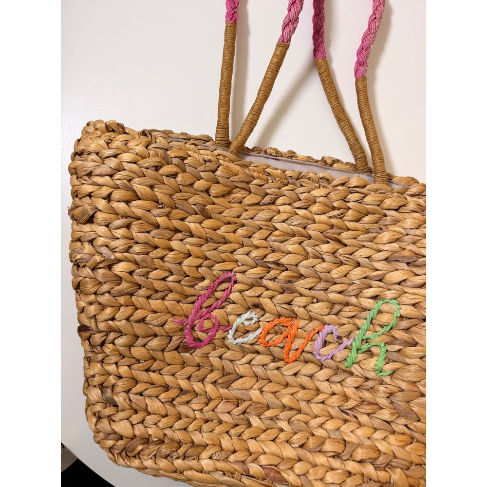 Summer Straw Tote Bag Womens Large Beige Excellent Embroidered Beach Woven‎ - Picture 4 of 7